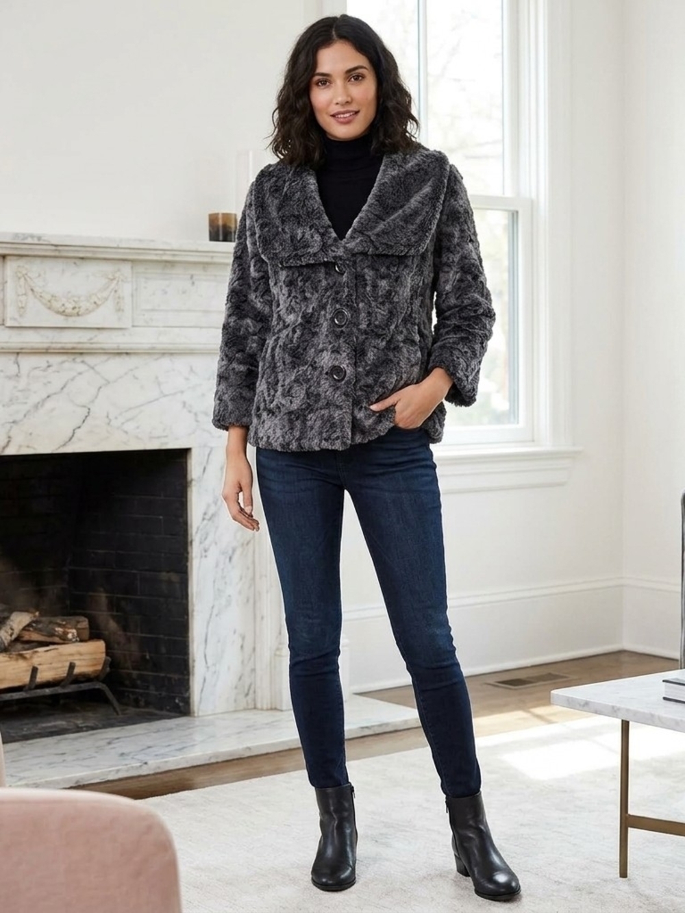 Cabi Charcoal Grey Faux Fur Polka Dot Lined Shawl Collar Jacket - Size M